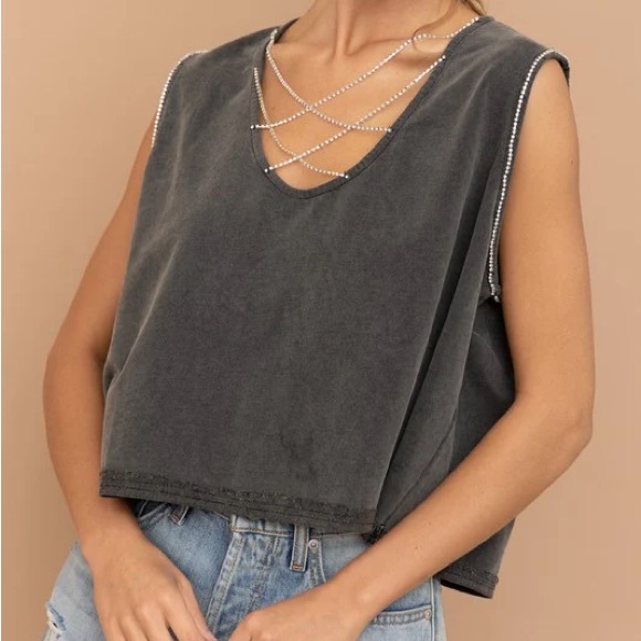 BLUE B MINERAL WASHED RHINESTONE CROPPED TANK - Picture 1 of 3